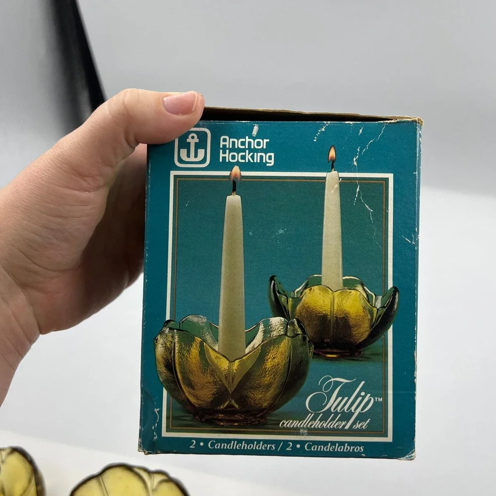 Anchor Hocking Amber Tulip Candleholders Vintage Glass Flower Set of 2 Boxed